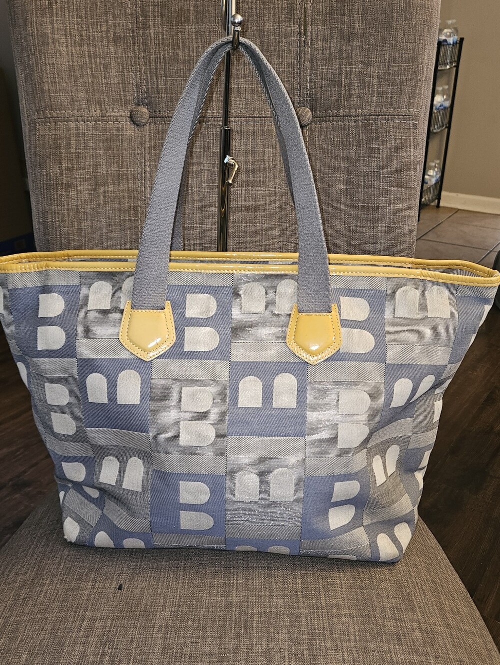 Bally Blue Patterned Tote Bag with Yellow Trim
